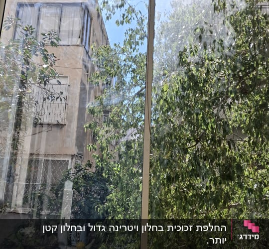 חלון הזזה מזכוכית המשקיף לחצר ולצמחייה ירוקה